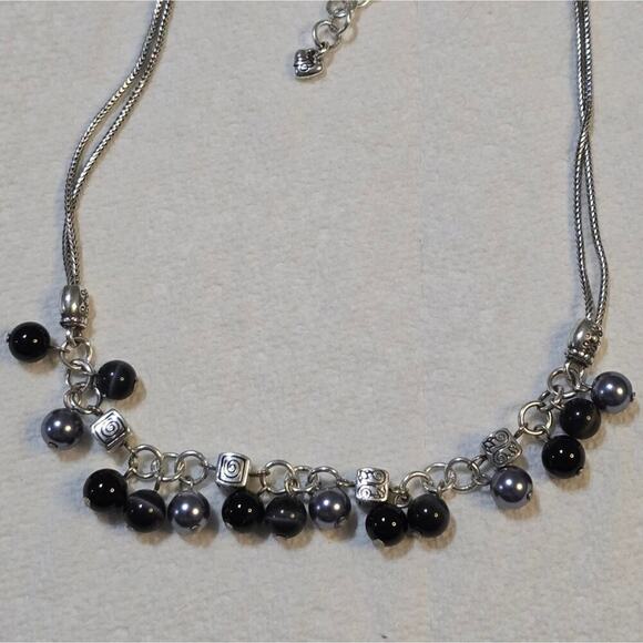 Dangling Bead Necklace Black Gray Silver Tone Chain Fashion Jewelry - Picture 1 of 9